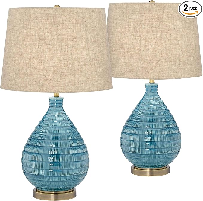 360 Lighting Kayley 24" High Small Mid Century Modern Coastal Table Lamps Set of 2 Blue Ceramic Linen Shade Living Room Bedroom Bedside Nightstand House Office Home Reading Kitchen Entryway Console