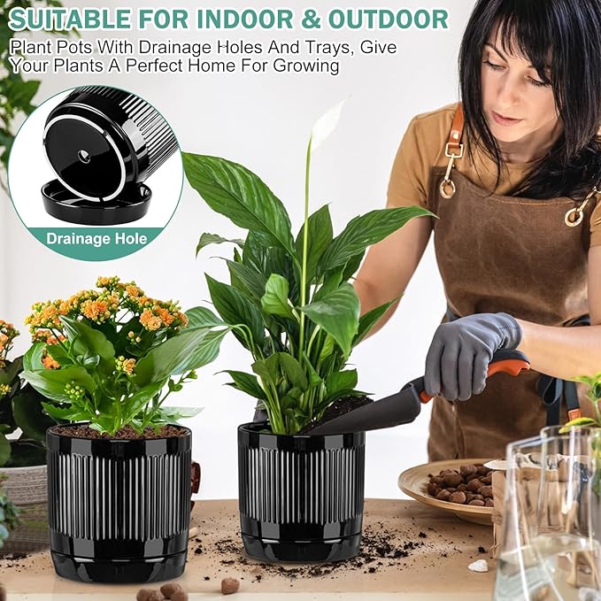 Vanavazon Ceramic Planter Pots for Indoor Plants with Drainage Hole and Saucer,6 Inch Cylinder Plant Pots,Glazed Finish Interior and Exterior,Set of 2 (Black)