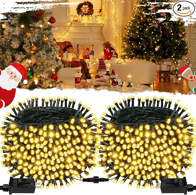 2-Pack Connectable Christmas Lights Outdoor, Total 164FT 400LED Christmas String Lights Waterproof with 8 Modes & Timer, Green Wire Twinkle Lights for Xmas Tree Decorations Outdoor Indoor, Warm White