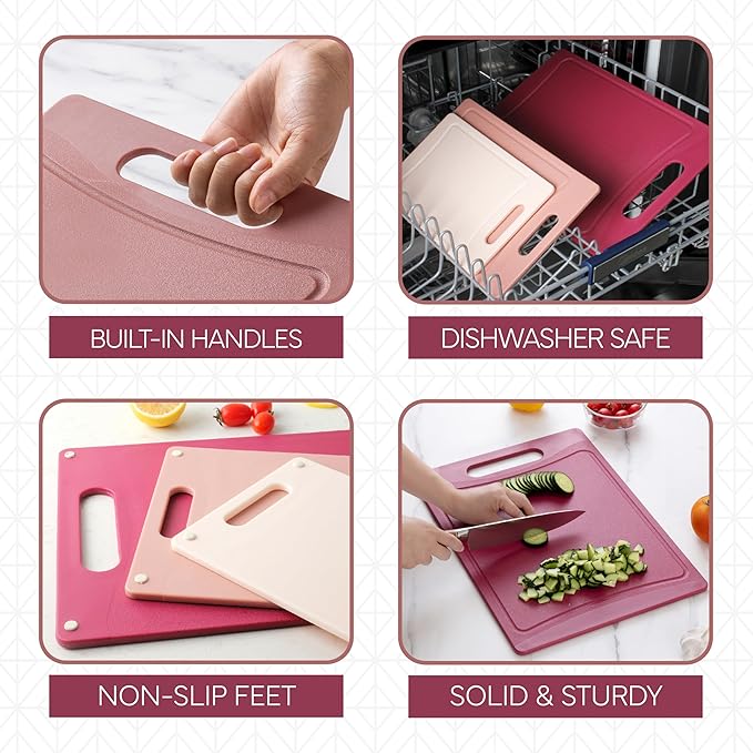 COOK WITH COLOR Non-Slip Cutting Board Set – Kitchen Essentials with Easy Grip Handle for Meat, Veggies, and Fruits, 3 Cutting Boards, Rose