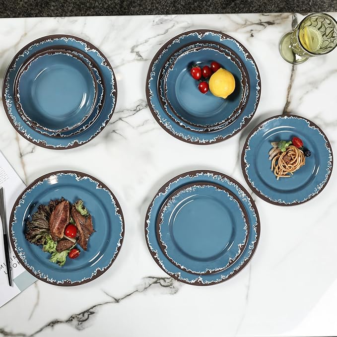 Melamine Dinnerware Set - Yinshine 12-Piece Dishes Set,Shatterproof Plates and Bowls Sets, Lightweight,Unbreakable,Dishwasher Safe,Blue