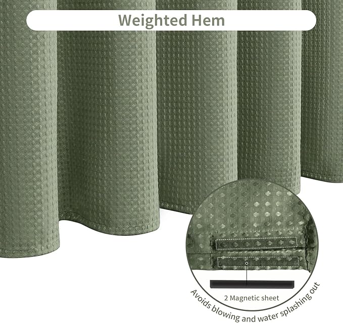Inhousolu Fabric Shower Curtain Waffle Weave, Sage Green 230 GSM Heavy Duty, Weighted Hem, 14 Metal Hooks, Water Repellent, Machine Washable, Hotel Spa Luxury Bath Curtain Set, 72 x 84 Inch