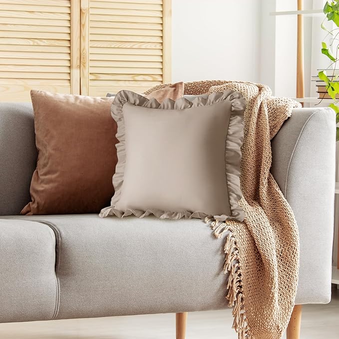 KKJIAF Ruffle Pillow Cases 24x24 Inches, Khaki Square Ruffled Pillow Covers Set of 2, Microfiber Wrinkle Resistant Pillow Shams with Envelope Closure for Sofa Bed Living Room