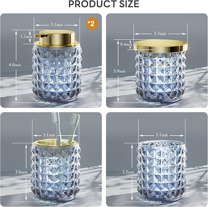 Bathroom Set Blue Bathroom Accessories Glass bathroom Accessories Navy Blue Bathroom Accessory Diamond Soap Dispenser and Toothbrush Holder Set for Bathroom Decor