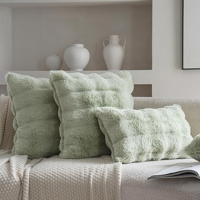 Neelvin Green Faux Fur Cozy Soft Double-Sided Decorative Throw Pillow Covers 24x24 inch Set of 2,Velvet Pillowcase Cushion Case for Sofa Couch