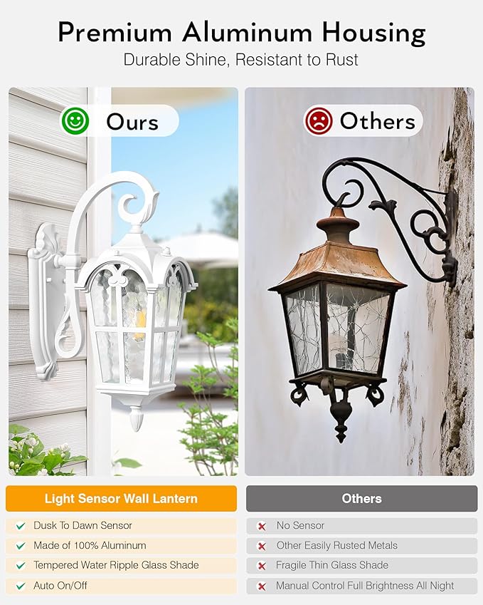 VIANIS White Porch Lights Outdoor, Outside Dusk to Dawn Light Fixtures Wall Mount, Exterior Lighting for House with Ripple Glass, Lantern Fixture for Patio Garage Front Coach, Anti-Rust Waterproof