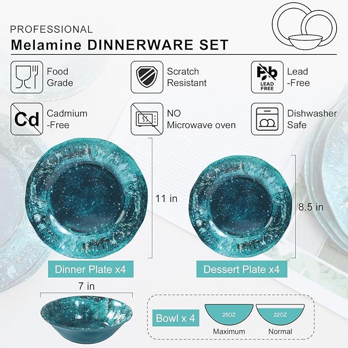 Melamine Dinnerware Sets, Melamine Plates and Bowls Set for 4, Best for Indoor and Outdoor Dining Party, Dishwasher Safe, Volcanic Pattern, Amber Green