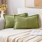 MIULEE Decorative Lumbar Throw Pillow Covers for Couch Bed Livingroom 12x20 Inch Set of 2 Green Boho Accent Throw Pllows Broadside Striped Patchwork Soft Corduroy Summer Pillowcases
