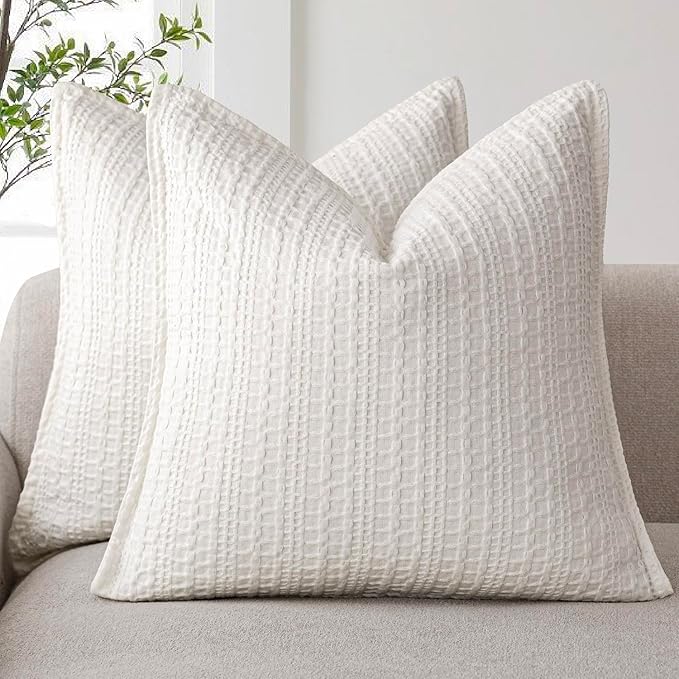 Foindtower Set of 2 Decorative Cotton Waffle Weave Throw Pillow Covers Euro Shams Cushion Covers Accent European Pillowcase for Bed Couch Sofa Bedroom Living Room Home Decor 20×20 Inch Cream White