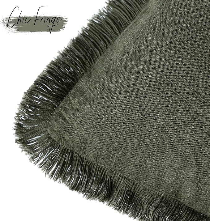 Foindtower Set of 2 Decorative Linen Fringe Throw Pillow Covers Cozy Farmhouse Cushion Cover with Tassels Accent Pillowcase for Couch Chair Sofa Bed Living Room Home Decor,16×16 Inch,Dark Olive Green