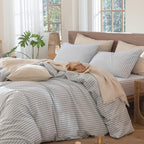 MooMee Striped Duvet Cover Set 100% Washed Cotton Linen Like Textured Breathable Durable Soft Comfy (Cornflower Blue White Classic Stripes, Queen 90"x90")