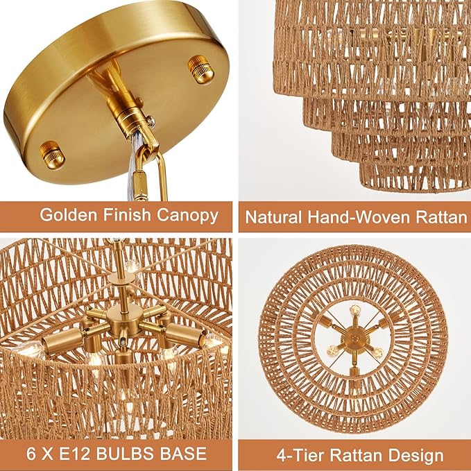 19.7" Boho Rattan Chandelier Vintage 6-Light Farmhouse Hand-Woven Bamboo Chandelier Light Fixture Rustic Drum Wicker Golden Chandeliers for Dining Room, Kitchen Island, Bedroom, E12