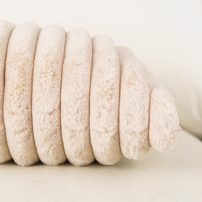 NiNi ALL Faux Fur Plush Throw Pillow Covers Beige 22x22 Inch Set of 2 Decorative Soft Plush Striped Couch Pillow Cover for Sofa Cushion Cases for Couch Bed Home Decor