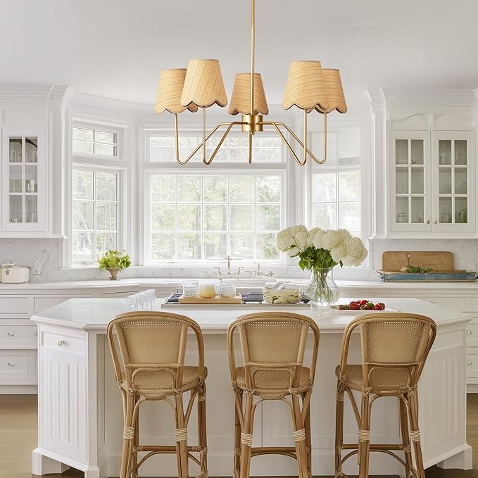 28" Rattan Chandelier, Large Modern Pendant Light Fixtures with Flower Shades Antique Brass Brush Paint Finish for Dining Room, Kitchen Island, Foyer, Living Room 5-Light