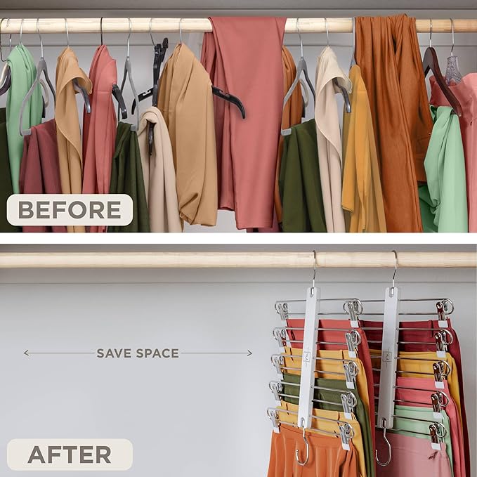 MORALVE Skirt Hangers Space Saving with Clips - 2 Pack - European Beechwood 5-Tier Hanger for Shorts, Skirts, and Pants - Closet Organizer and Storage Solution for Women with 360° Swivel Hook