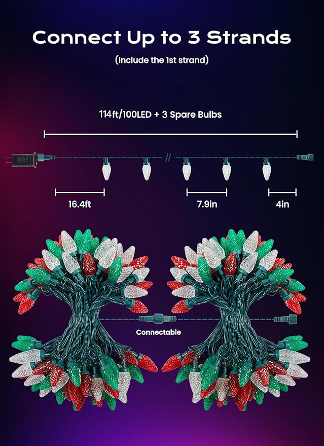 Minetom C9 Christmas Lights Outdoor, 100 FT 150 LED Connectable C9 String Lights with 8 Modes and Timer Xmas Tree Patio Garden Yard Holiday Party Indoor Outdoor Decoration, Red, Green and White