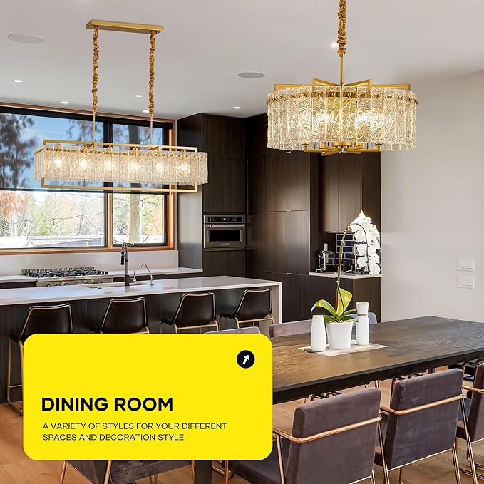 Gold Crystal Chandeliers for Dining Room 6-Light, 22” Modern Water Ripple Glass Light Fixture, Farmhouse Round Lighting for Kitchen Island, Bar Table