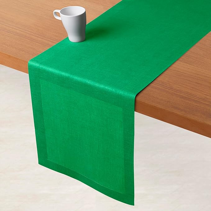 D'Moksha Homes Linen Kelly Green Table Runner 144 Inches Long - 100% Pure Linen Extra Long Table Runner 14 x 144 Inch for Fall, Autumn and Halloween - Machine Washable
