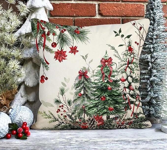 4TH Emotion Christmas Trees Pillow Covers 18x18 Inch Set of 2, Xmas Farmhouse Decorations Winter Holiday Decor Throw Cushion Case for Home Couch S24C37