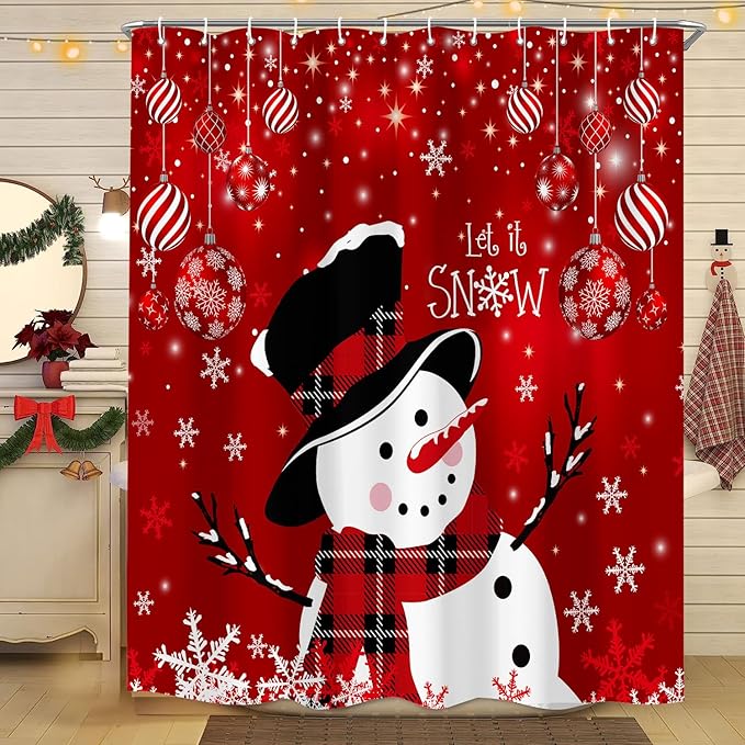 Christmas Snowman Shower Curtain, Red Xmas Ball Cute Winter Snowman Shower Curtain Christmas Holiday Decor, Durable Fabric Machine Washable with Hooks, 72 x 72 Inches