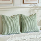 Fancy Homi Set of 2 Sage Green Boho Decorative Throw Pillow Covers 24x24 Inch for Bedroom Couch Bed, Soft Fuzzy Cozy Striped Corduroy Cushion Case, Bohemian Home Decor, Men Women Teen Girls Gift