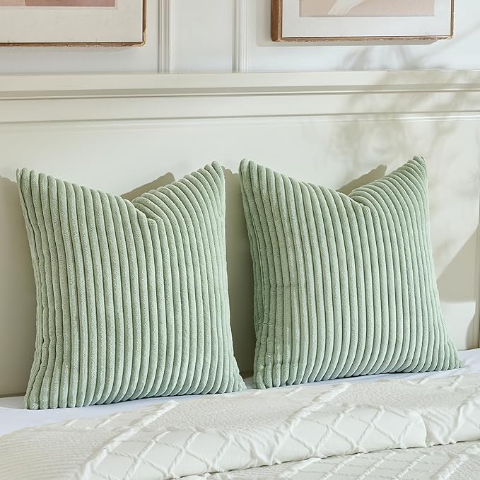 Fancy Homi Set of 2 Sage Green Boho Decorative Throw Pillow Covers 24x24 Inch for Bedroom Couch Bed, Soft Fuzzy Cozy Striped Corduroy Cushion Case, Bohemian Home Decor, Men Women Teen Girls Gift