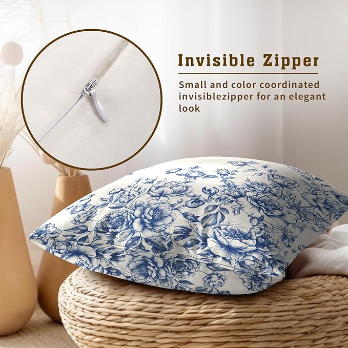 Blue White Flowers Pillow Covers 20x20 Inch, Set of 2 Vintage Floral Chinoiserie Style Decorative Throw Pillowcases Square Cushion Cover for Couch Sofa Bed Farmhouse Home Decor