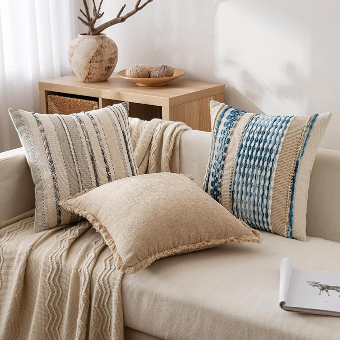 ANRODUO Pack of 2 Boho Decorative Throw Pillow Covers 18x18 Farmhouse Cushion Case Striped Chenille Pillow Cases Square Pillow Covers Accent Neutral Pillowcase for Sofa Couch Bed Fall, Gray Stripe