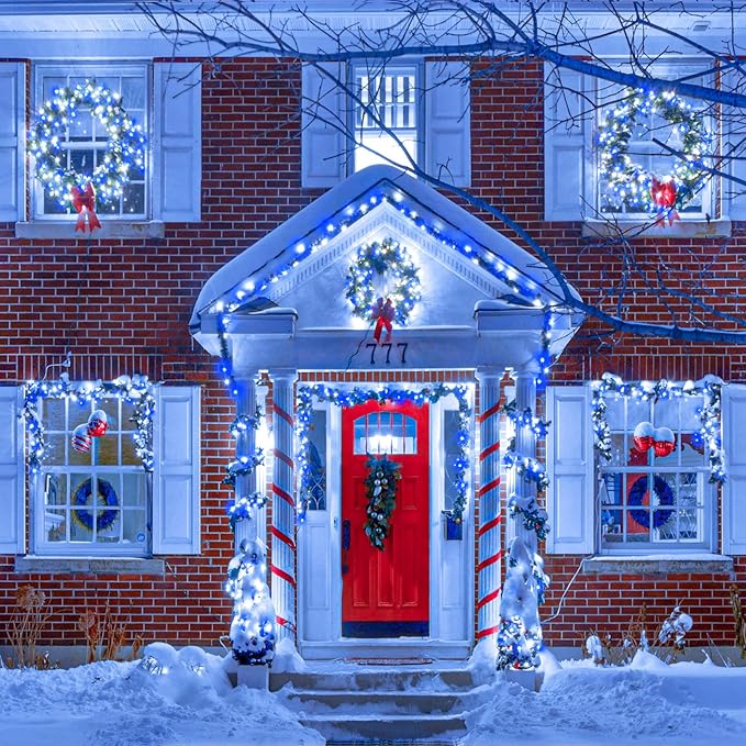 Vivideal 200 LED Christmas Lights Outdoor, 66ft Christmas String Lights 8 Modes Plug in Waterproof Fairy Lights with Timer Memory for Indoor Outside Bedroom Home Party Decoration, Blue&White