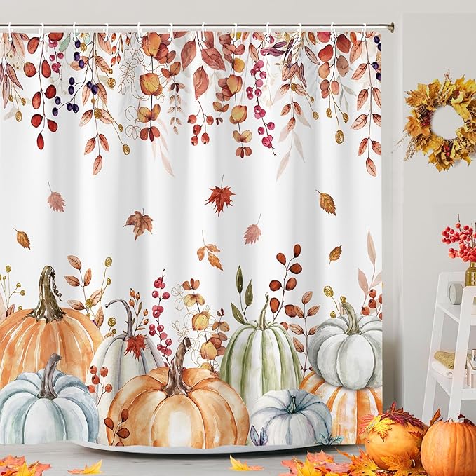 Fall Pumpkin Boho Shower Curtain Set, Farmhouse Autumn Eucalyptus Leaves Thanksgiving Harvest Shower Curtain, Cute Seasonal Bathroom Curtain Yellow Teal Fall Bath Accessories with Hooks,72"X72"