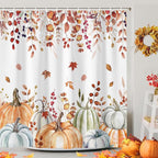 Fall Pumpkin Boho Shower Curtain Set, Farmhouse Autumn Eucalyptus Leaves Thanksgiving Harvest Shower Curtain, Cute Seasonal Bathroom Curtain Yellow Teal Fall Bath Accessories with Hooks,72"X72"