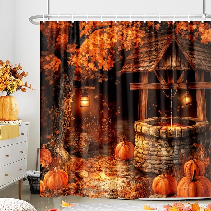 Fall Shower Curtain, Autumn Rustic Farmhouse Pumpkin Thanksgiving Harvest Shower Curtains for Bathroom， Halloween Holiday Bathroom Decorative with Hooks, Fall Bath Accessories 72"X72" Fabric Polyester