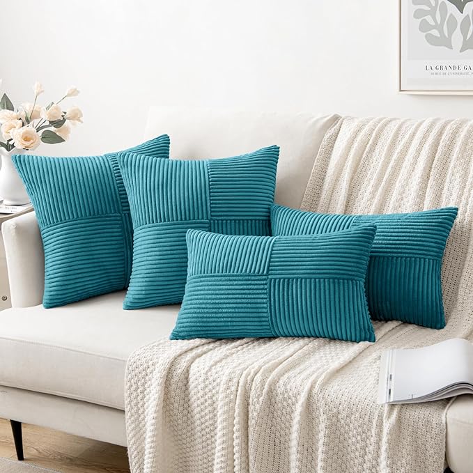 MIULEE Teal Corduroy Pillow Covers Pack of 2 Boho Decorative Spliced Throw Pillow Covers Soft Solid Couch Pillowcases Cross Patchwork Textured Cushion Covers for Living Room Bed Sofa 16x16 inch