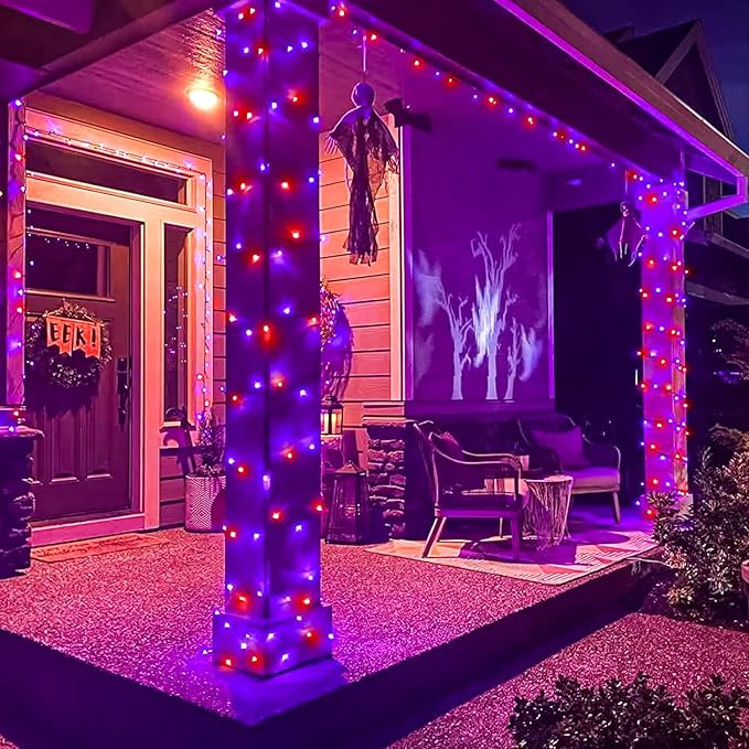 Vivideal 300 LED Halloween Lights Outdoor, 100ft Halloween String Lights Indoor Clear Wire 8 Modes Waterproof Plug in Christmas Light for Tree Party Garden Decorations, Purple&Orange