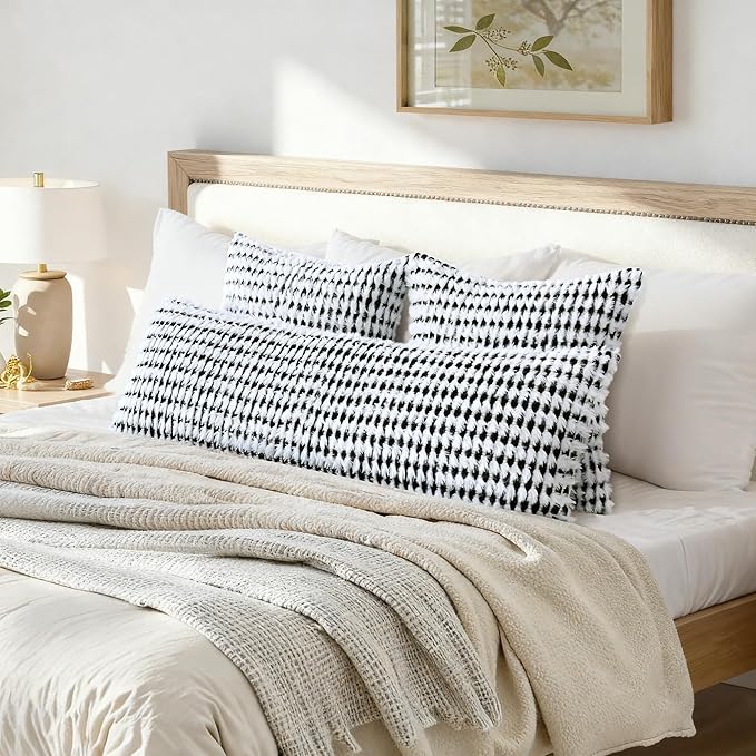 Boho Chenille Tufted Pillow Cover 14x36 Inch Set of 1, Farmhouse Striped Decorative Pillow Covers Accent Fluffy Neutral Long Body Bolster Pillow for Couch Sofa Bedroom Living Room, Black White