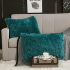 WERDIM Shaggy Fluffy Faux Fur Pillowcases 2 Pack Button Closure Velvet Pillow Shams Standard/Queen Size (Teal Green, 20 X 26 Inches)