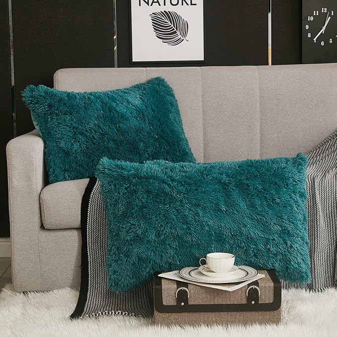 WERDIM Shaggy Fluffy Faux Fur Pillowcases 2 Pack Button Closure Velvet Pillow Shams Standard/Queen Size (Teal Green, 20 X 26 Inches)