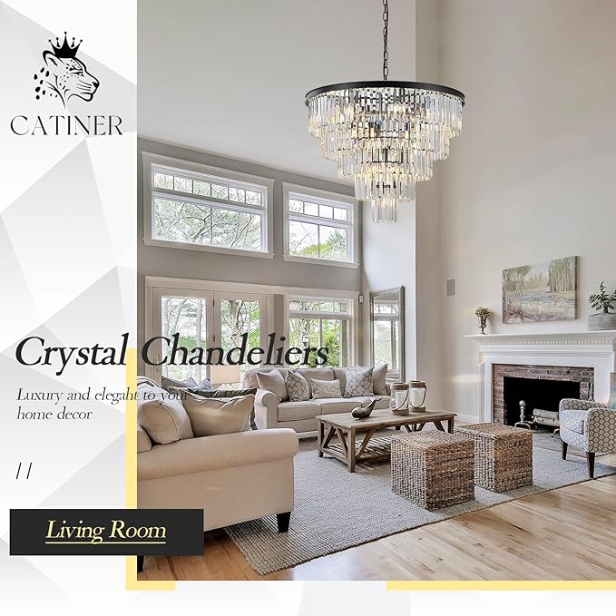 Large Black Crystal Chandeliers 30” Modern Chandelier for High Ceiling Foyer 5 Tiers 16 Lights Contemporary K9 Ceiling Pendant Light Fixture for Staircase Dining Room Bedroom