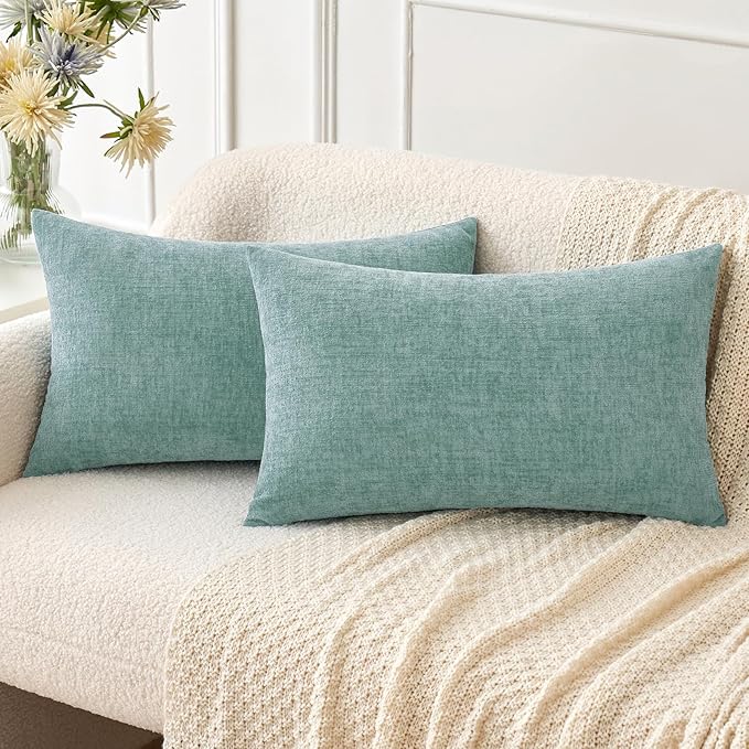 MIULEE Pack of 2 Couch Throw Pillow Covers 12x20 Inch Soft Aqua Green Chenille Pillow Covers for Sofa Living Room Solid Dyed Pillow Cases