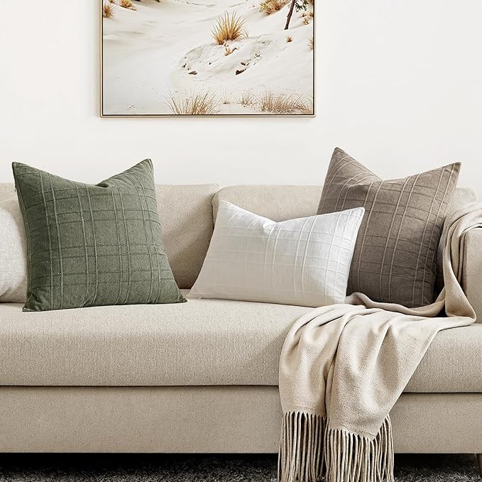 MIULEE Decorative Linen Check Throw Pillow Covers Neutral Farmhouse Vintage Pillow Covers 16x16 Set of 2 Boho Modern Home Decor for Sofa Couch Bedroom Cushion Olive Green