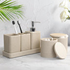 Bathroom Accessories Set, 6 Piece Bathroom Set with Toothbrush Holders, Soap Dispenser, Vanity Tray, Tumbler, Cotton Swab Jars, Bathroom Organizer，Bathroom Sink Sets, Stone Beige