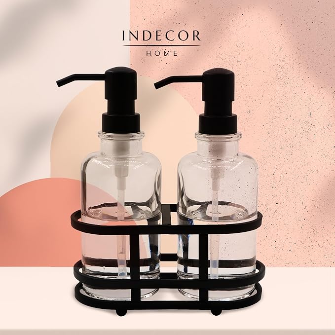 3 Piece Round Heavy Weight Glass Soap Lotion Pump Dispenser Set with Metal Caddy for Home Bath Kitchen Travel Office Hand Crafted Metal Tray Matte Black