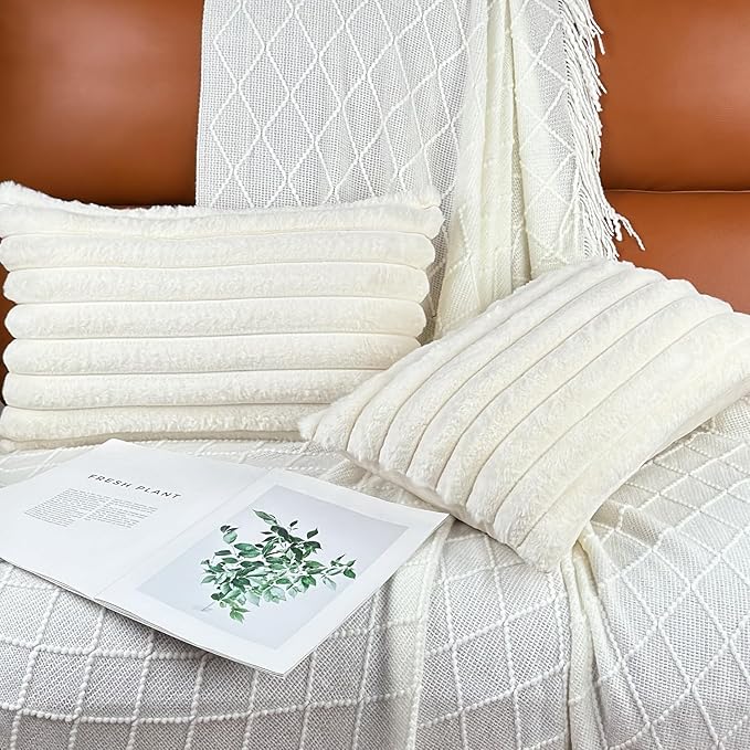 12x20 Throw Pillow Covers Set of 2, Decorative Faux Fur Covers for Bed, Couch Soft Fluffy Pillow Cover with Velvet Back for Living Room, Neutral Home Décor Accent for Sofa - Cream White