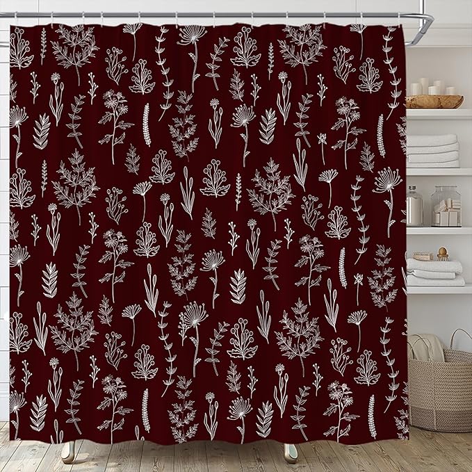 Burgundy Red Botanical Shower Curtain Vintage Herbs Floral Farmhouse Cute Boho Leaves Plant Retro Flowers Bathroom Curtain Set with Hooks(108" Wx70 H)
