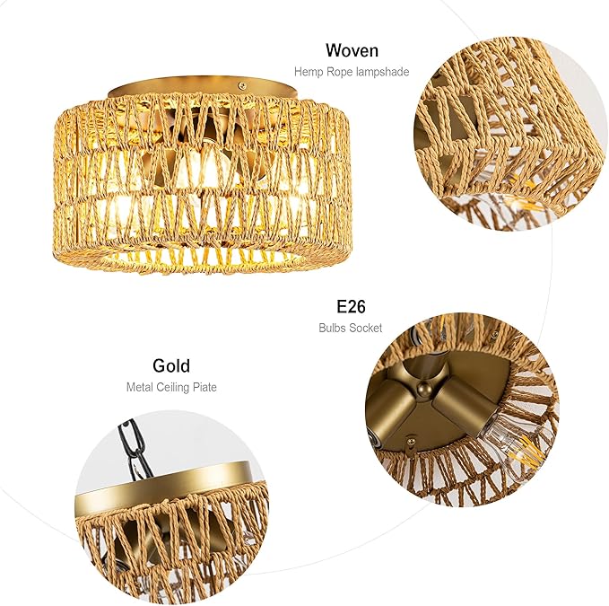 MAYNA 3-Light Boho Light Fixtures Ceiling Mount, Hand-Woven Chandelier Light Fixture,Farmhouse Rattan Flush Mount Fixture for Hallway Bedroom Kitchen Living Room Entryway