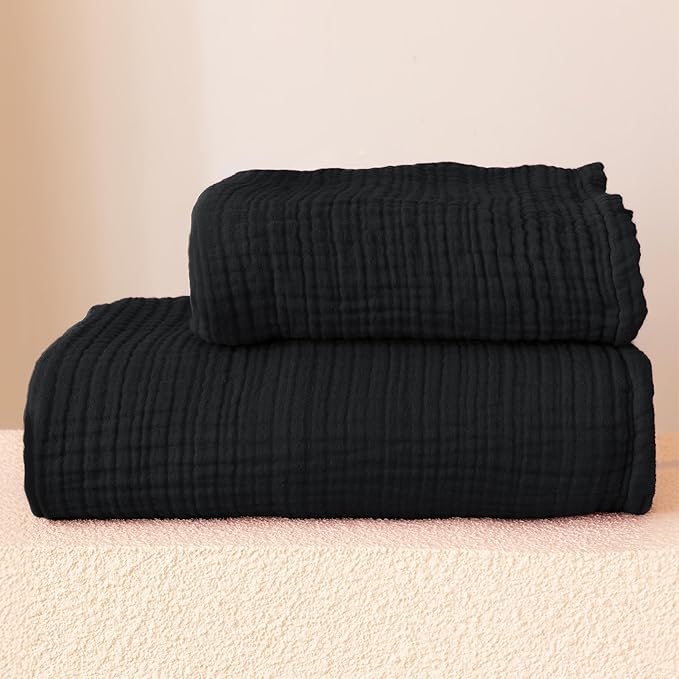 Ultra Soft Muslin Towel Adult Set, 100% Turkish Cotton 4-Layer 2 Pieces Luxury Muslin Hand & Bath Towels Sets for Bathroom (Black, 1 Bath & 1 Hand Towel Set)