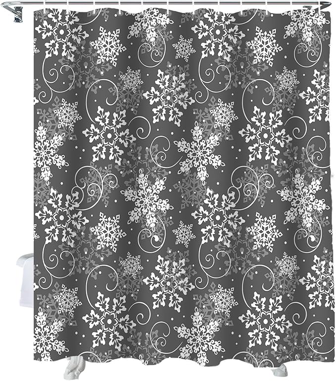 Vandarllin Christmas Shower Curtain, Grey White Snowflakes Pattern Shower Curtains Set with Hooks, Winter Waterproof Fabric Bathroom Curtains Decor Home Accessories, Stall Long 54 X 78 Inch