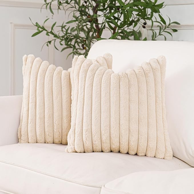 NiNi ALL Faux Fur Plush Throw Pillow Covers Beige 22x22 Inch Set of 2 Decorative Soft Plush Striped Couch Pillow Cover for Sofa Cushion Cases for Couch Bed Home Decor