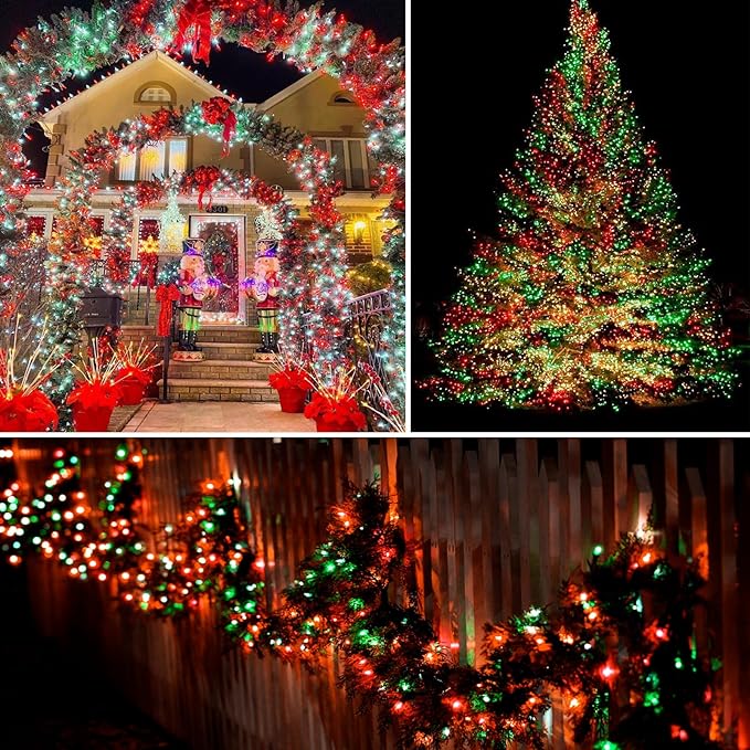 2 Pack Christmas String Lights Indoor Outdoor, Super Bright 66FT 200 LED String Lights Waterproof, 13 Modes Twinkle Xmas Lights with Timer for Christmas Tree Decorations (Red and Green)
