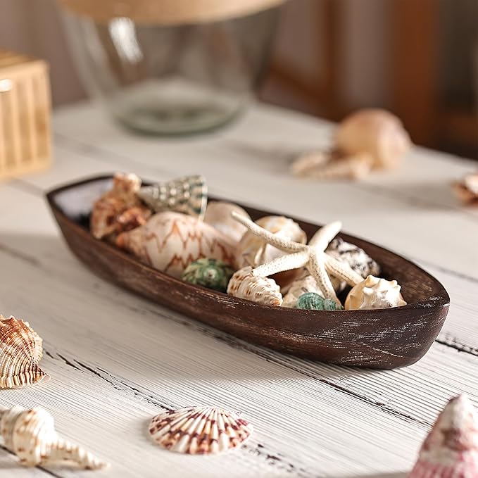 Rustic Wooden Serving Tray, Boat Shape Decorative Tray Vintage Centerpiece, Farmhouse Rustic Trays, Key Tray, Decorative Platter for Countertop Home Decorations- Distressed Brown。(Size M)